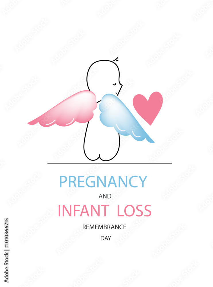 Fototapeta premium International day of Pregnancy and infant loss remembrance day line art poster. Unborn child with wings. Miscarriage and terminated pregnancy concept. Vector doodle hand drawn illustration.