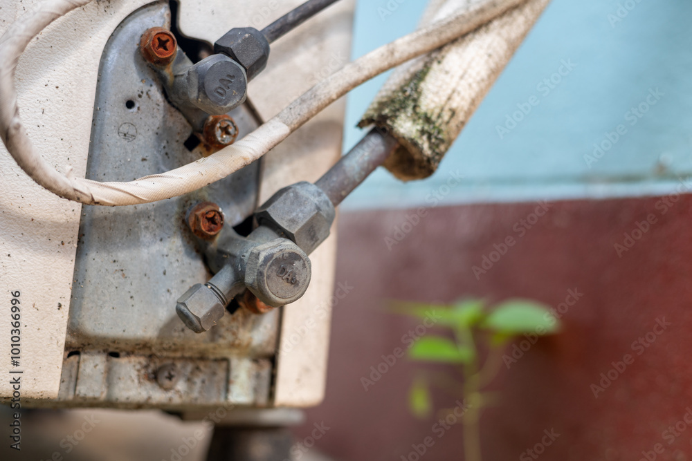 A dirty old air conditioner with a plant growing out of it A dirty old air conditioner with a plant growing out of it