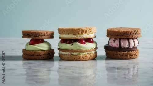 Trio of ice cream sandwiches with different fillings and cookie flavors photo