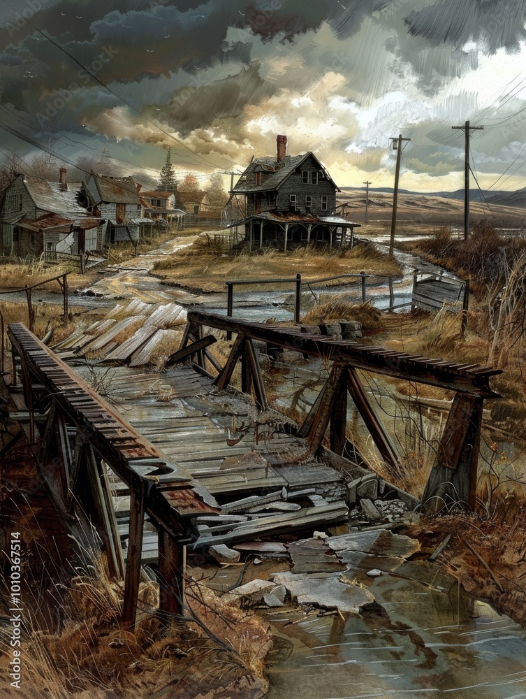 Φωτογραφία a broken bridge in the middle of it in a small town in the interior of the USA,