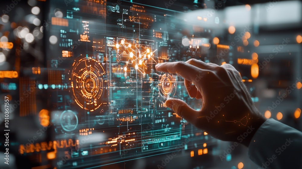 Futuristic Engineers Analyzing Holographic Data Displays in Innovative Production Facility Futuristic Engineers Analyzing Holographic Data Displays in Innovative Production Facility