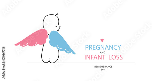 International day of Pregnancy and infant loss remembrance day line art poster. Unborn child with wings. Miscarriage and terminated pregnancy concept. Vector doodle hand drawn illustration.