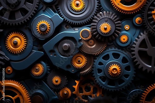 A complex system of gears and cogs turning in perfect unison, representing the mechanical and inevitable nature of determinism, where every action is predetermined by prior causes
