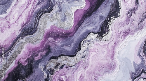 Abstract purple and silver swirled marbled background.