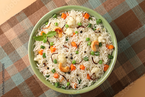 Indian veg biryani, veg pulav, Indian vegetable pulav, Biriyani, vegetable Biriyani served in a ceramic bowl