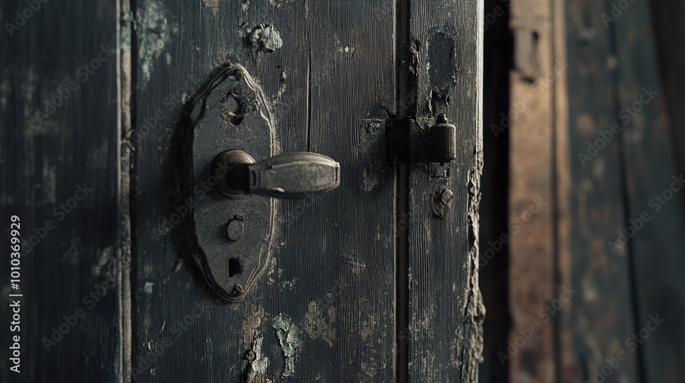 Close-Up of a Weathered Wooden Door with an Antique Handle Close-Up of a Weathered Wooden Door with an Antique Handle