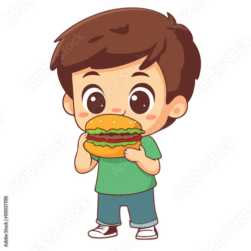 A cute cartoon boy eating a hamburger