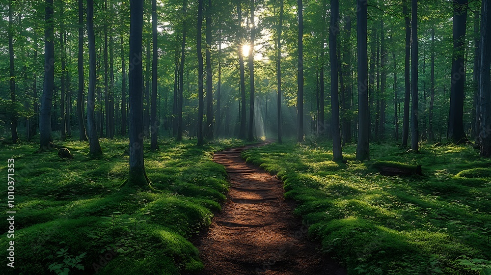 Fototapeta premium A winding path through a lush green forest with sunlight filtering through the trees.