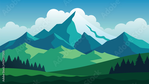  Picturesque mountain range enveloped in clouds, complemented by verdant grass, capturing the essence of the great outdoors flat vector illustration