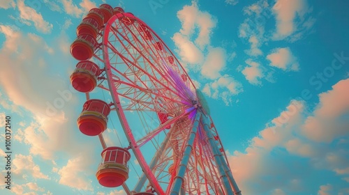 Pastel gradient backdrop from pink to blue, worm's-eye view of ferris wheel, ample sky for text photo