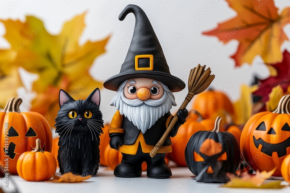 A gnome witch standing beside her black cat familiar, with a crooked hat and broom, surrounded by watercolor pumpkins and autumn leaves A gnome witch standing beside her black cat familiar, with a crooked hat and broom, surrounded by watercolor pumpkins and autumn leaves
