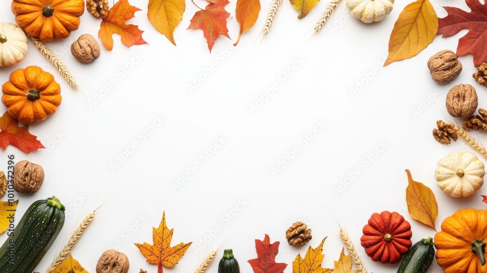 Fototapeta premium A colorful arrangement of autumn leaves, pumpkins, and nuts, creating a seasonal frame on a white background.