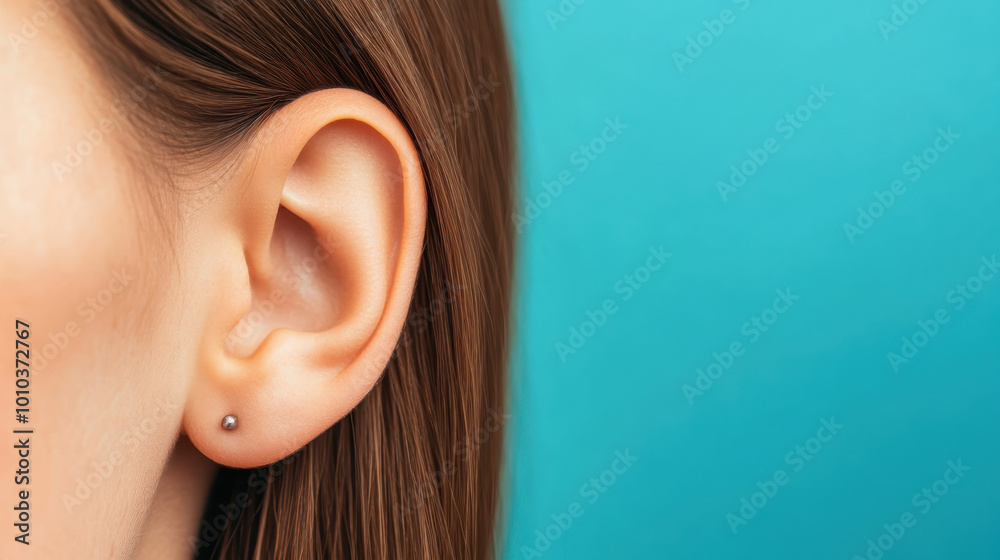 Ear close up with simple earring against vibrant blue background, highlighting beauty of ear anatomy and jewelry. This captures serene and elegant moment Ear close up with simple earring against vibrant blue background, highlighting beauty of ear anatomy and jewelry. This captures serene and elegant moment