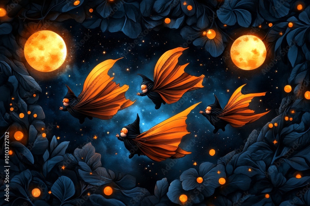 A group of vampire gnomes flying through a starry night sky, with their capes billowing in the wind, surrounded by glowing moons and stars in a mystical watercolor setting A group of vampire gnomes flying through a starry night sky, with their capes billowing in the wind, surrounded by glowing moons and stars in a mystical watercolor setting