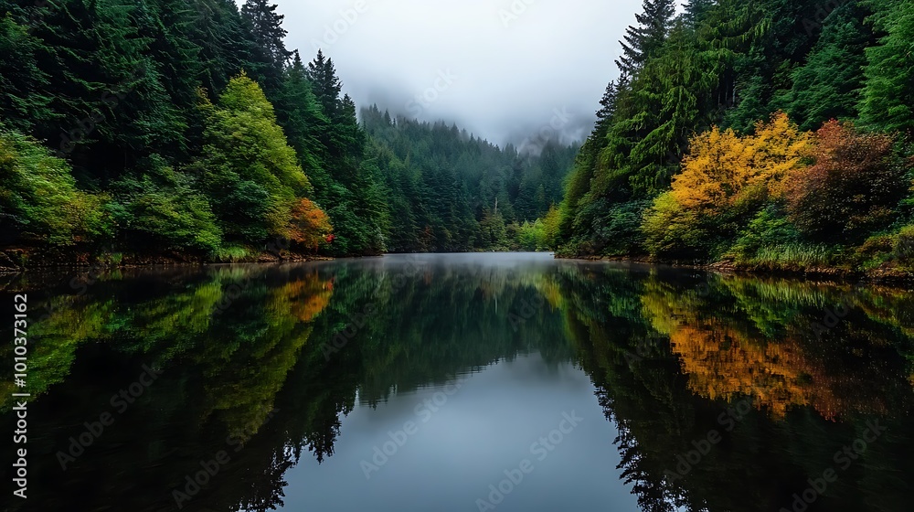 Serene Autumn Forest Lake Reflection with Fog Serene Autumn Forest Lake Reflection with Fog