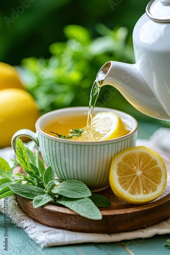 Close-up of a teapot pouring herbal tea into a cup. Fresh herbs and lemon slices add a refreshing touch photo