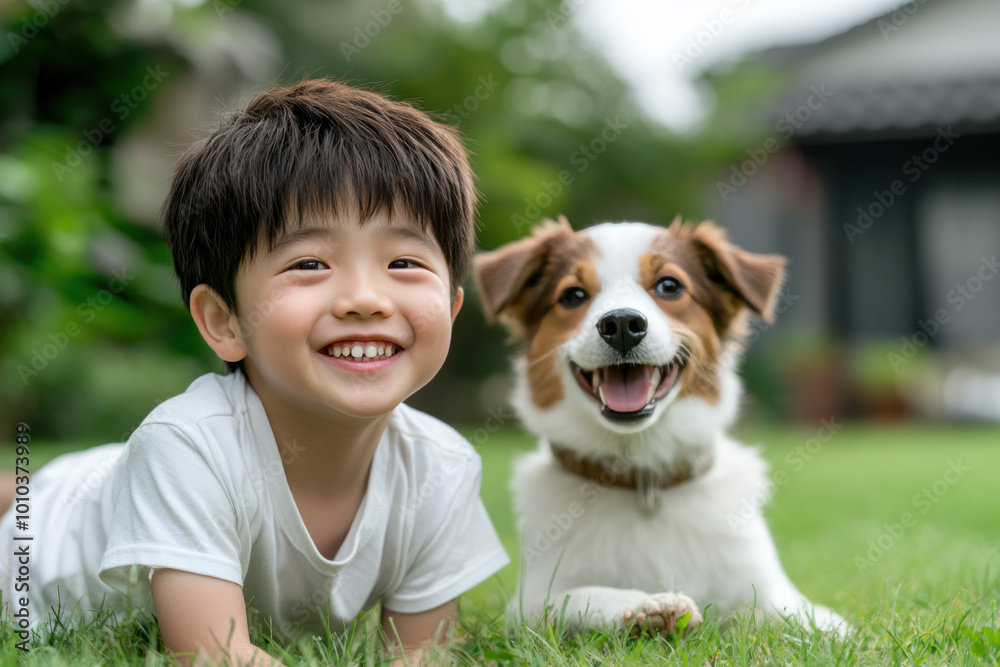 Chinese little boy playing with his pet dog on lawn grass outdoor Chinese little boy playing with his pet dog on lawn grass outdoor