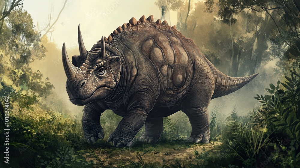 Fototapeta premium Mythical Rhino Creature in a Lush Forest