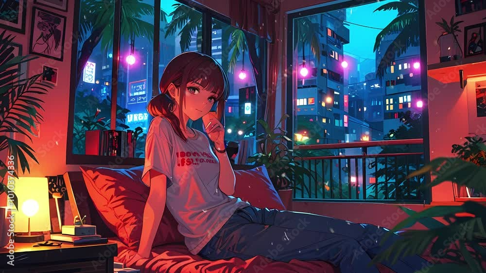 A young Asian woman sitting on a bed, softly lit by colorful city lights, creates a cozy and serene atmosphere in her room, lofi style manga cozy chill relaxing created with generative ai A young Asian woman sitting on a bed, softly lit by colorful city lights, creates a cozy and serene atmosphere in her room, lofi style manga cozy chill relaxing created with generative ai