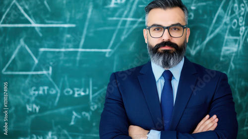 A dedicated teacher stands confidently by the blackboard, inspiring students with a blurred classroom backdrop.