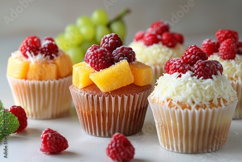 Closeup of four cupcakes decorated with raspberries and pineapple. AI generative. .