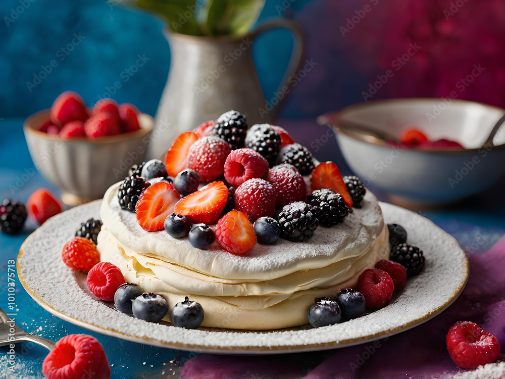A classic pavlova with mixed berries and a dusting of powdered sugar, displayed on a vibrant table with bold, cheerful colors and elegant cutlery. A classic pavlova with mixed berries and a dusting of powdered sugar, displayed on a vibrant table with bold, cheerful colors and elegant cutlery.