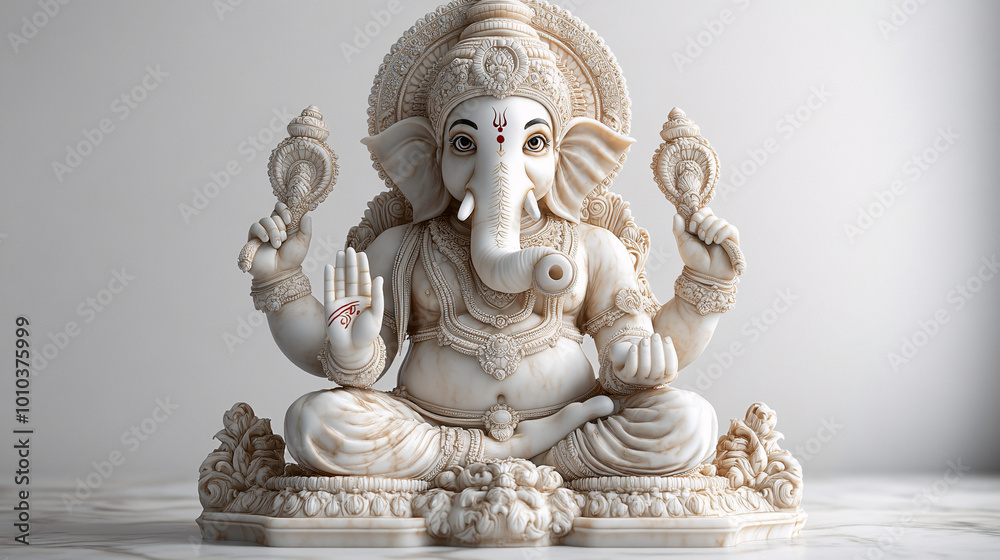 Fototapeta premium Digital illustration of a serene Ganesh statue on a white background, suitable for religious and spiritual contexts.