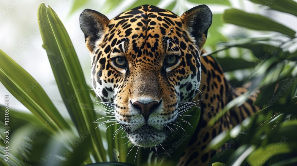 Close-up of a jaguar's face with green foliage in the background. AI generative. . Close-up of a jaguar's face with green foliage in the background. AI generative. .