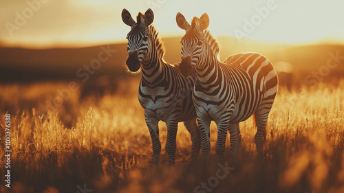 Two zebras standing together in tall grass during a golden sunset in the savanna