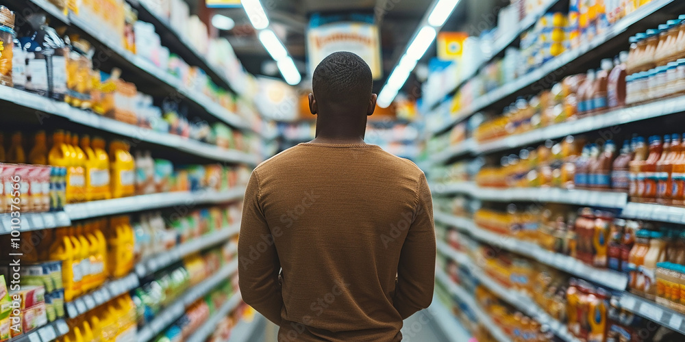 A man, standing on a grocery store shelf. A man, standing on a grocery store shelf.