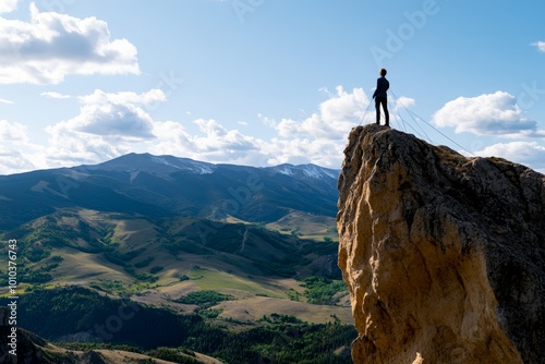 A person standing at the edge of a cliff, looking out over a landscape where everything is connected by invisible threads, symbolizing the interconnectedness of cause and effect in determinism