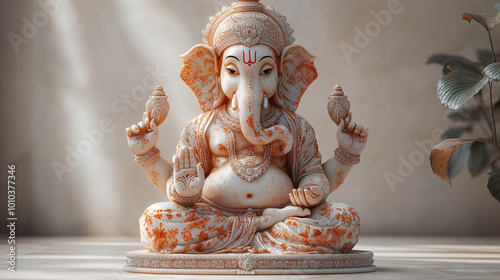 Vibrant statue of Ganesha in a meditative pose with ornate floral patterns and a serene background, evoking a sense of peace and spiritual connection.