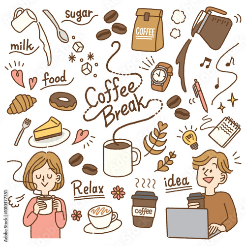 コーヒーブレイクのおしゃれな手書き風イラスト素材セット