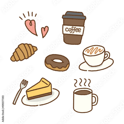 コーヒーとスイーツのかわいい手書き風イラストセット