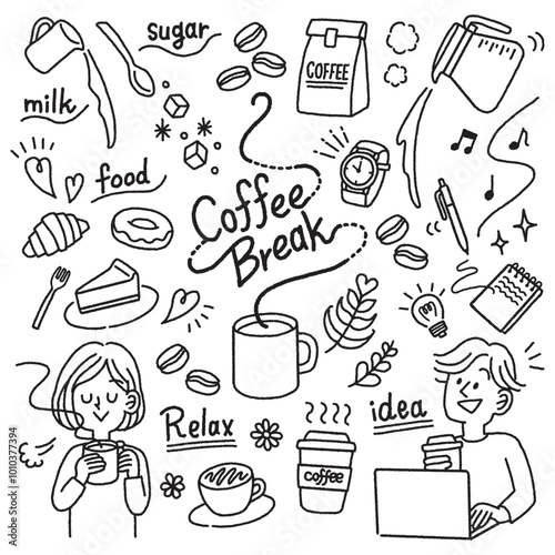 コーヒーブレイク　イラスト　素材　モノクロ　アイコン　セット