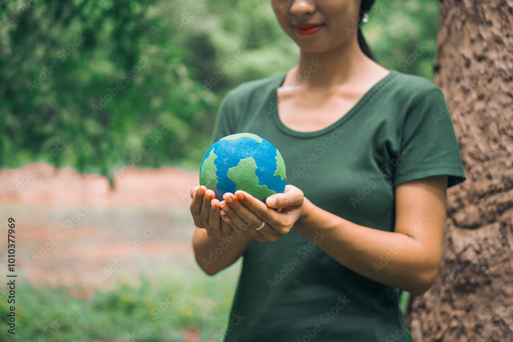 An Asian woman holds a globe in a green forest,symbolizing the importance of preserving nature.emphasizes balance between humans, natural resources,sustainable environmental development protect An Asian woman holds a globe in a green forest,symbolizing the importance of preserving nature.emphasizes balance between humans, natural resources,sustainable environmental development protect