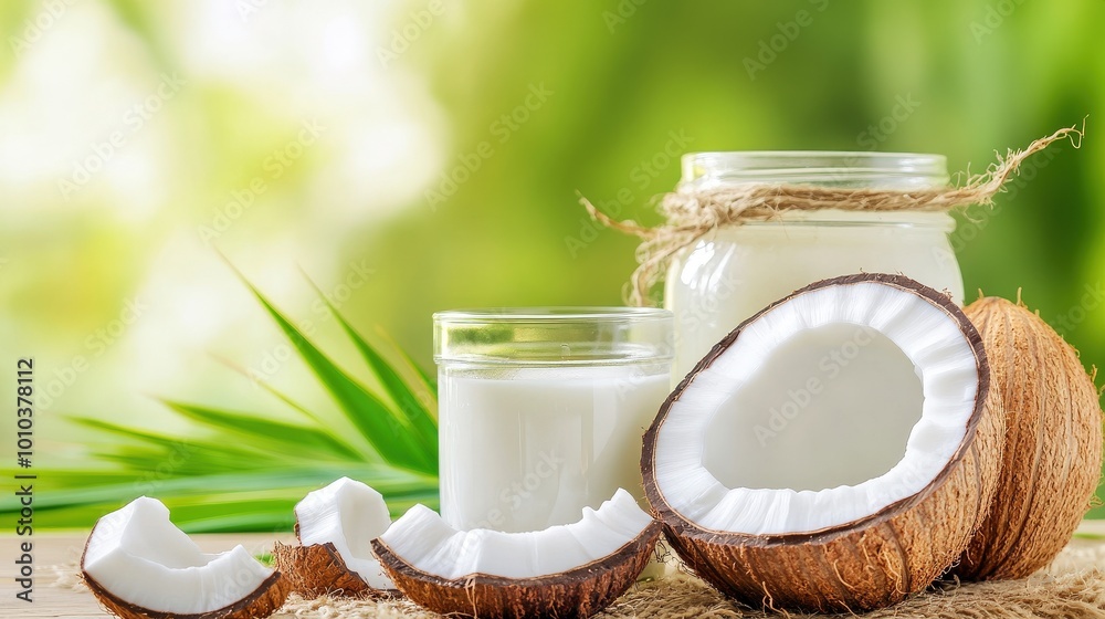 Fresh Coconut Milk in Glass Jar and Glass with Coconut Pieces Fresh Coconut Milk in Glass Jar and Glass with Coconut Pieces