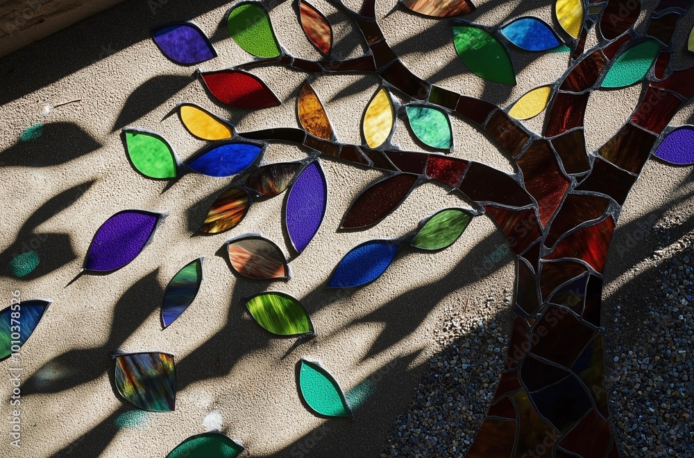a tree with leaves made of stained glass, casting vibrant, colorful shadows on the ground below a tree with leaves made of stained glass, casting vibrant, colorful shadows on the ground below