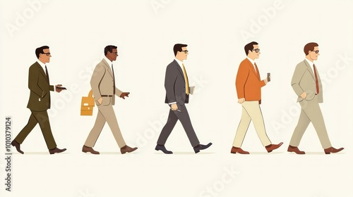 Five men in suits walking in a row, each with a different expression