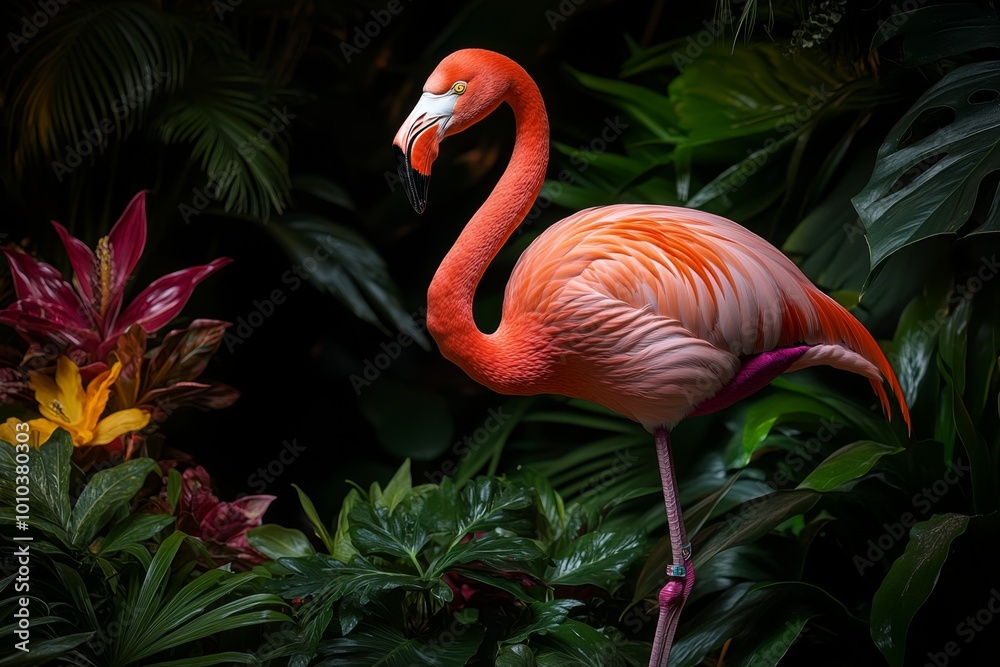 Fototapeta premium A single flamingo standing on one leg in a tropical garden, surrounded by lush plants and vibrant flowers, symbolizing the harmony between wildlife and nature
