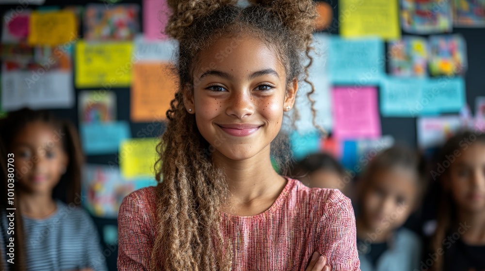 A smiling girl with curly hair stands confidently in front of colorful posters. A smiling girl with curly hair stands confidently in front of colorful posters.