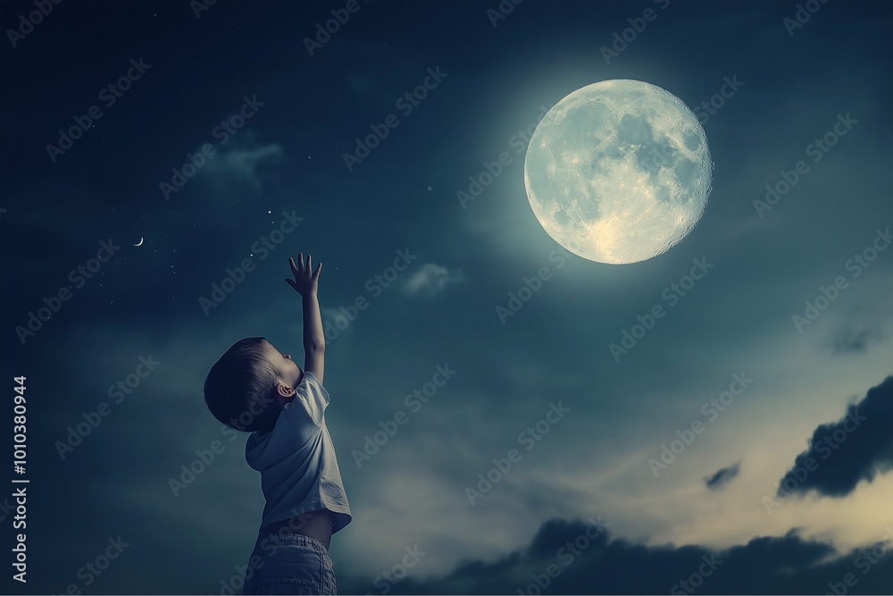 a whimsical scene depicts a child reaching up to touch the moon, which is envisioned as a giant balloon floating just out of reach a whimsical scene depicts a child reaching up to touch the moon, which is envisioned as a giant balloon floating just out of reach