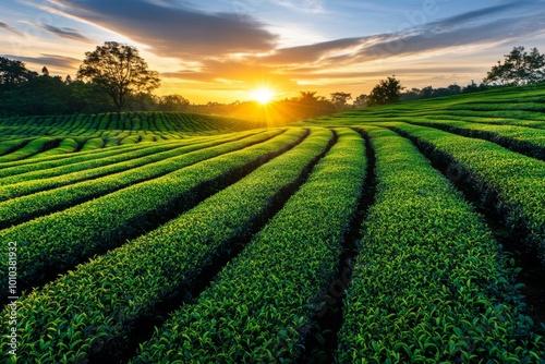 A tranquil tea plantation at sunset, with golden light casting long shadows over the tea bushes, creating a warm and serene mood photo