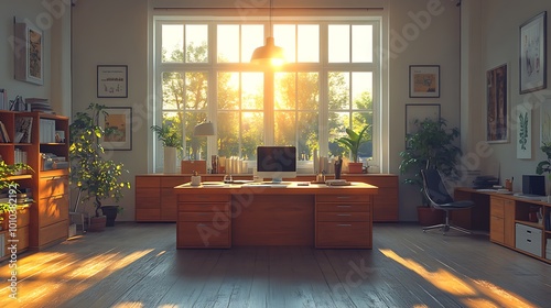 Modern office space with large window  wooden desk  plants  and sunlight streaming in.