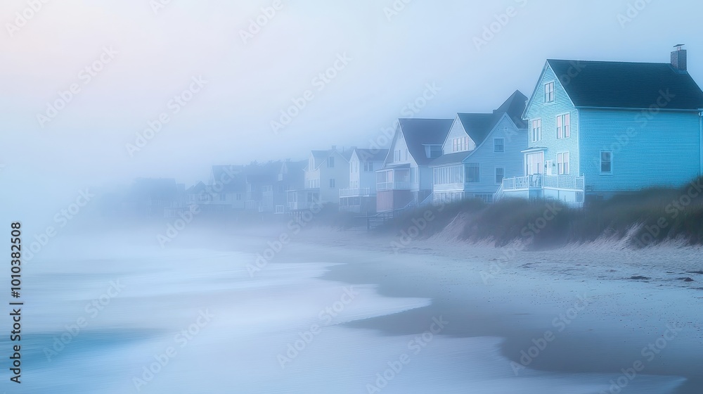 A foggy beach scene with pastel houses lining the shore. A foggy beach scene with pastel houses lining the shore.