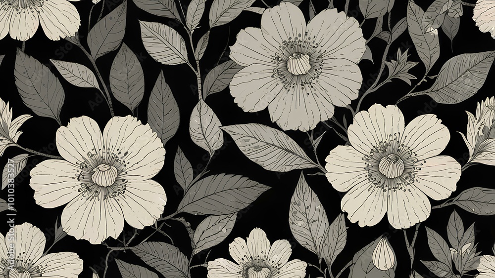 Monochrome Pencil and Ink Floral Drawing: Simplistic Vector Art with Traditional Japanese Influence Monochrome Pencil and Ink Floral Drawing: Simplistic Vector Art with Traditional Japanese Influence