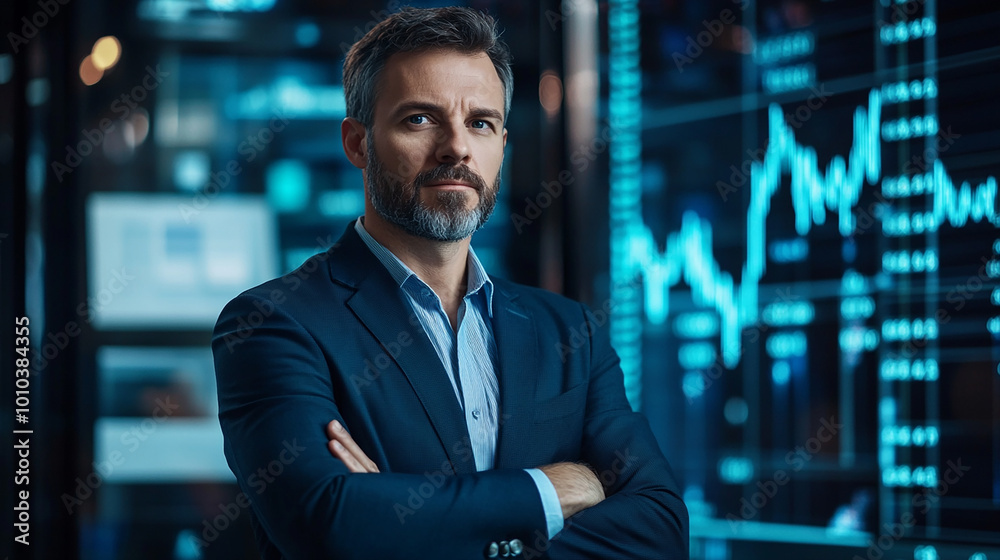 Businessman with arms crossed in front of a stock market graph modern portrait investment background analysis Businessman with arms crossed in front of a stock market graph modern portrait investment background analysis