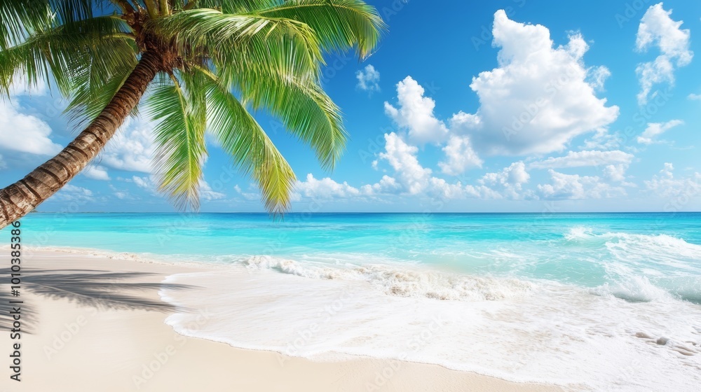 Solitary palm tree graces pristine sandy beach under a brilliant blue sky Solitary palm tree graces pristine sandy beach under a brilliant blue sky