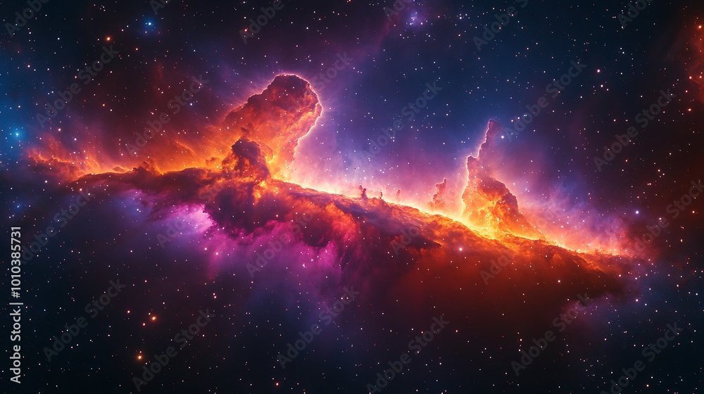 A vibrant nebula with glowing red and purple gas clouds, lit by distant stars. A vibrant nebula with glowing red and purple gas clouds, lit by distant stars.