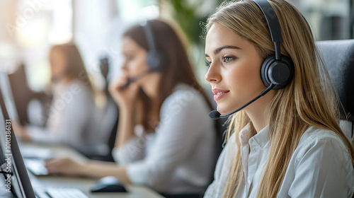 Customer service team assisting clients via phone and email in a modern call center.